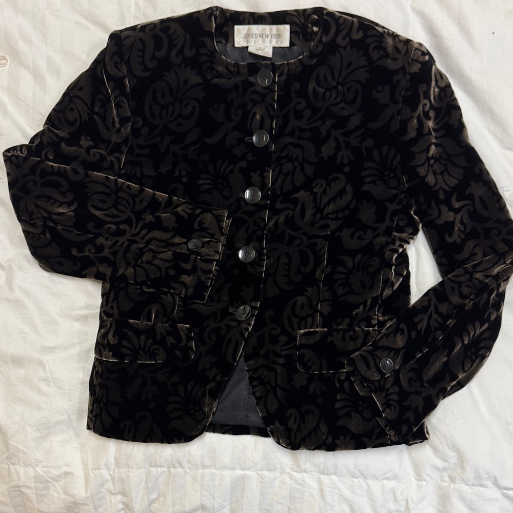 Jones New York Black and Brown Velvet Damask Blazer